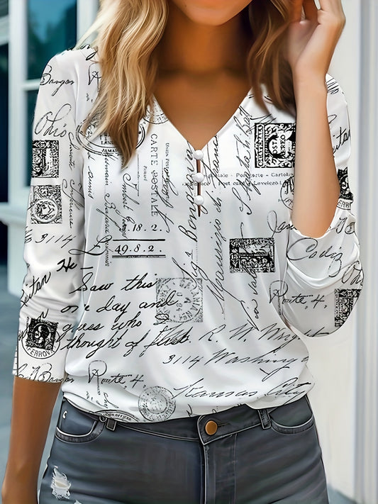  Graffiti Print Long Sleeve V Blouse