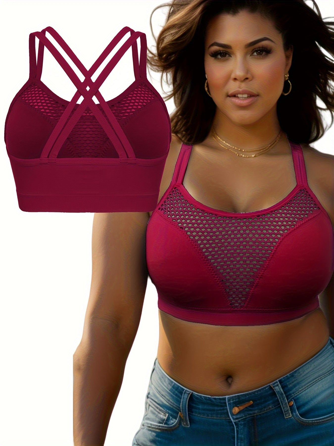  Sports Bra Solid Hollow Out Round Neck Criss Cross Bra