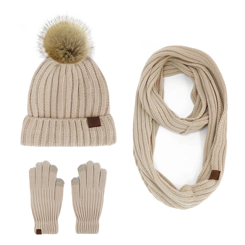 Winter Women's Fur Ball Knit Hat Scarf Gloves Set - Valentines