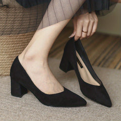 Women's Chunky Heeled Court Pumps Classic Solid Pointed Toe Mid Heels