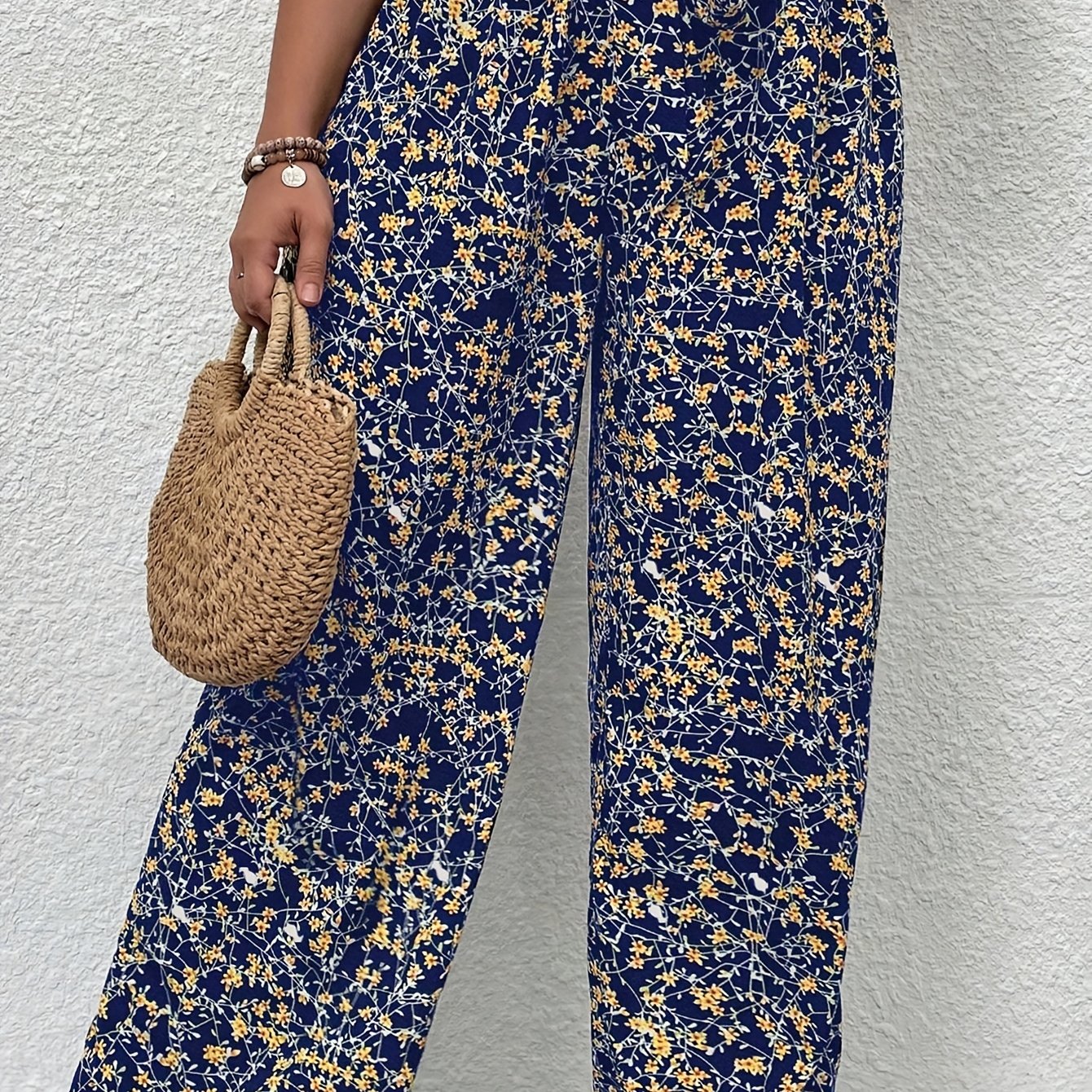  Boho Pants: Ditsy Floral Print High Rise Wide Leg Trousers With Belt