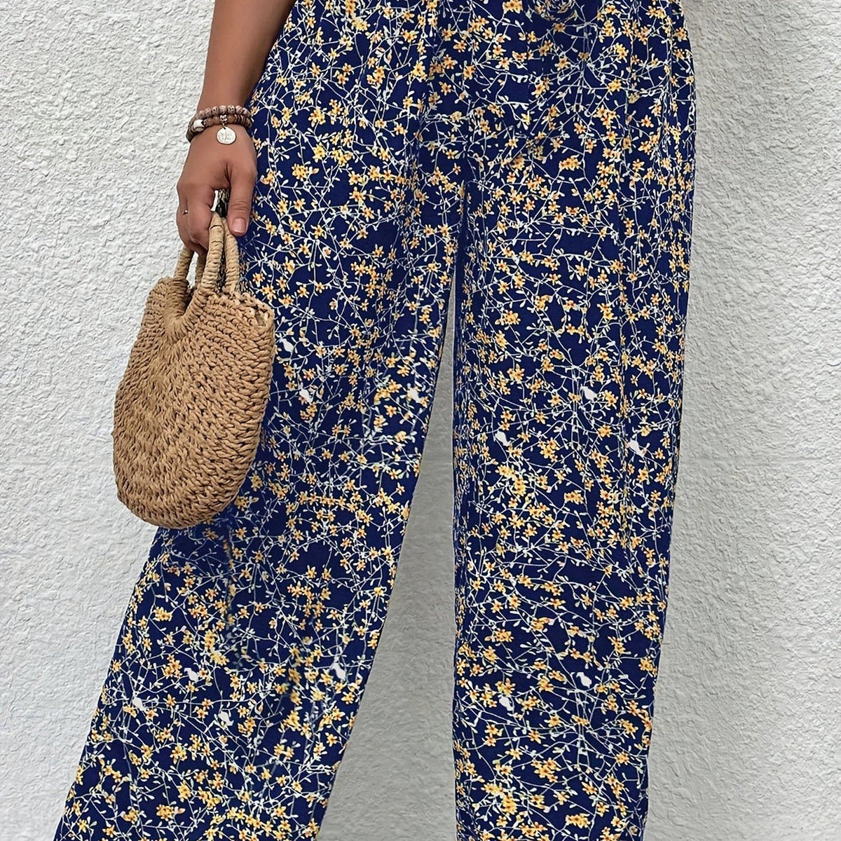  Boho Pants: Ditsy Floral Print High Rise Wide Leg Trousers With Belt