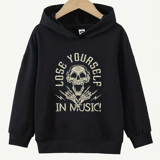Funny Music Skull Print Boys Casual Pullover Hoodie