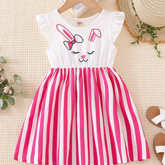 Toddler Girls Ruffle Trim Cartoon Graphic Rabbit Striped Princess Dress