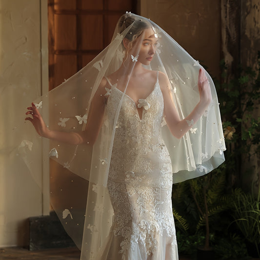 Vintage European Romance Wedding Veil with Pearls & 3D Butterfly