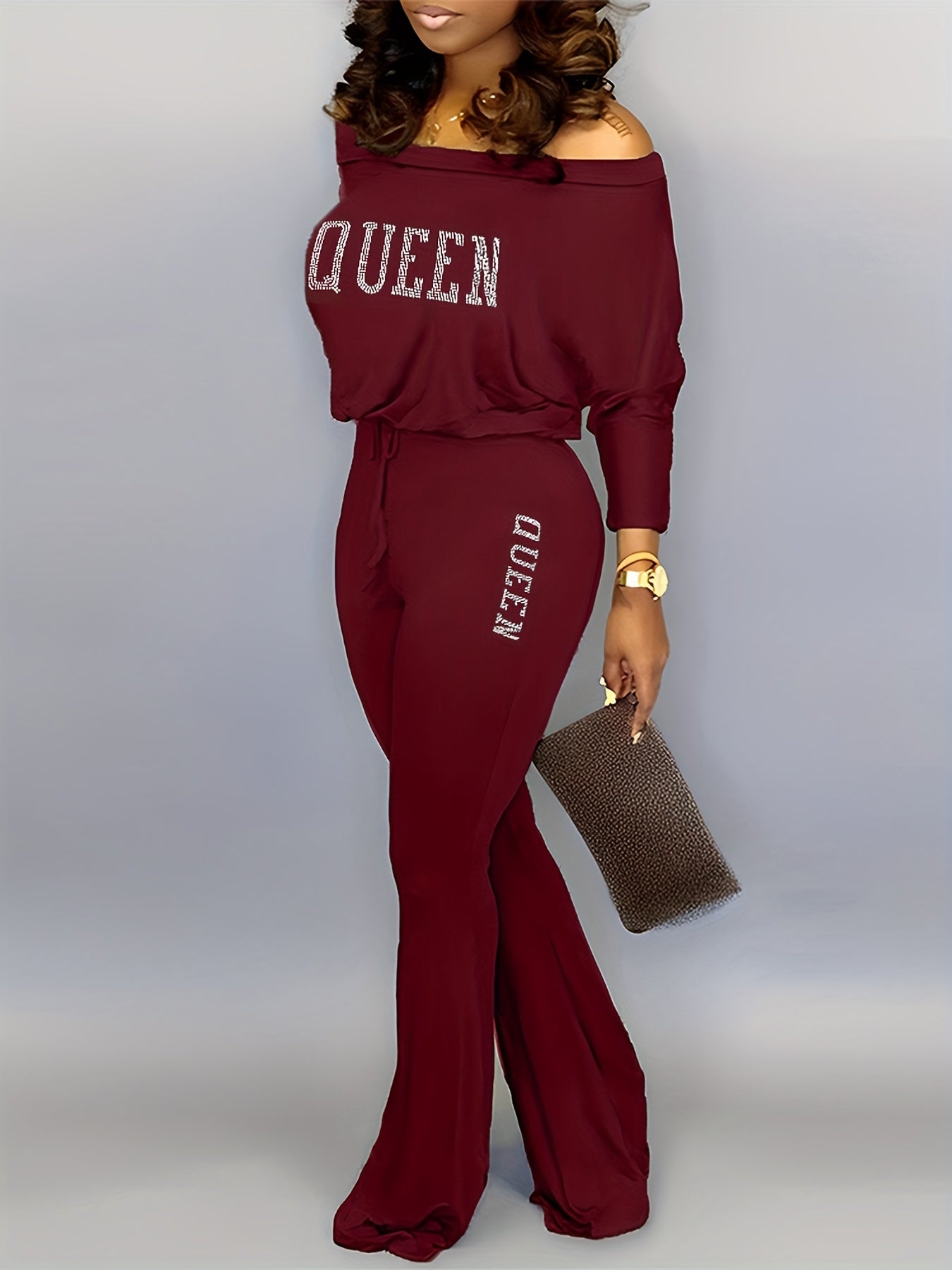 Solid Queen Print Off Shoulder Jumpsuit Casual Batwing Long Sleeve Jumpsuit