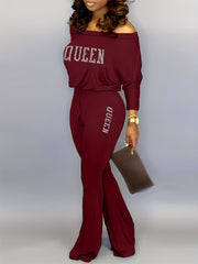 Solid Queen Print Off Shoulder Jumpsuit Casual Batwing Long Sleeve Jumpsuit
