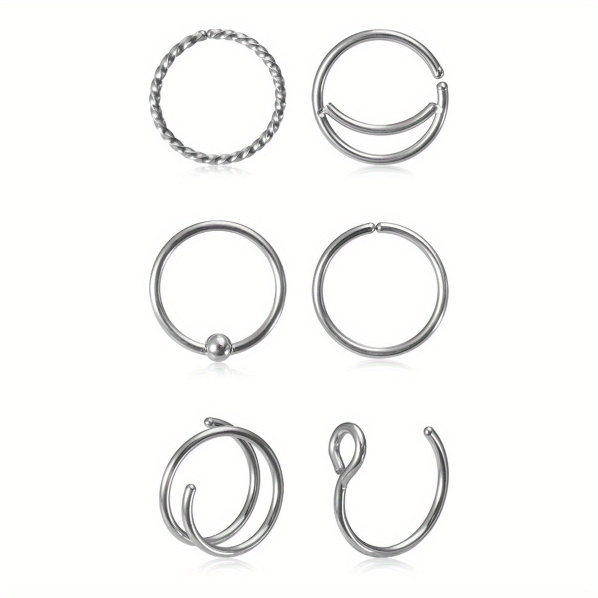 6 Pcs Hinged Nose Ring Set Stainless Steel Body Piercing Jewelry