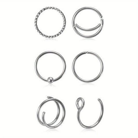 6 Pcs Hinged Nose Ring Set Stainless Steel Body Piercing Jewelry