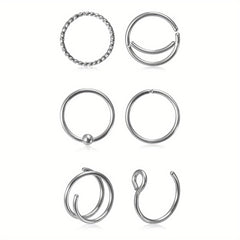 6 Pcs Hinged Nose Ring Set Stainless Steel Body Piercing Jewelry
