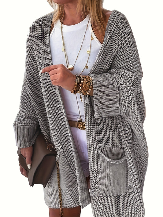  Solid Bat Sleeve Open Front Cardigan With Pockets