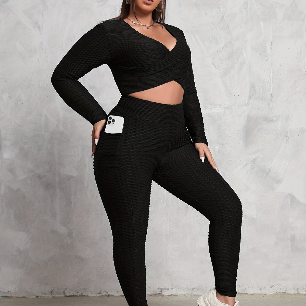  Honeycomb Textured Wrap Crop Top & Leggings Set