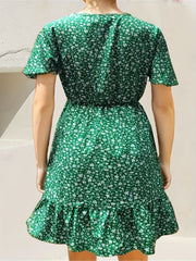  Ditsy Print Button Decor V Neck Mini Dress