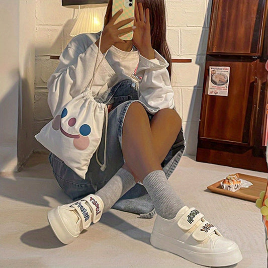 Women's Letter Print Canvas Shoes Casual Round Toe Hook & Loop Sneakers