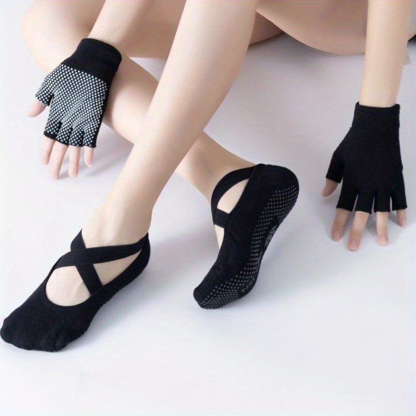 Non Slip Yoga Set with Gloves & Cross Strap Socks