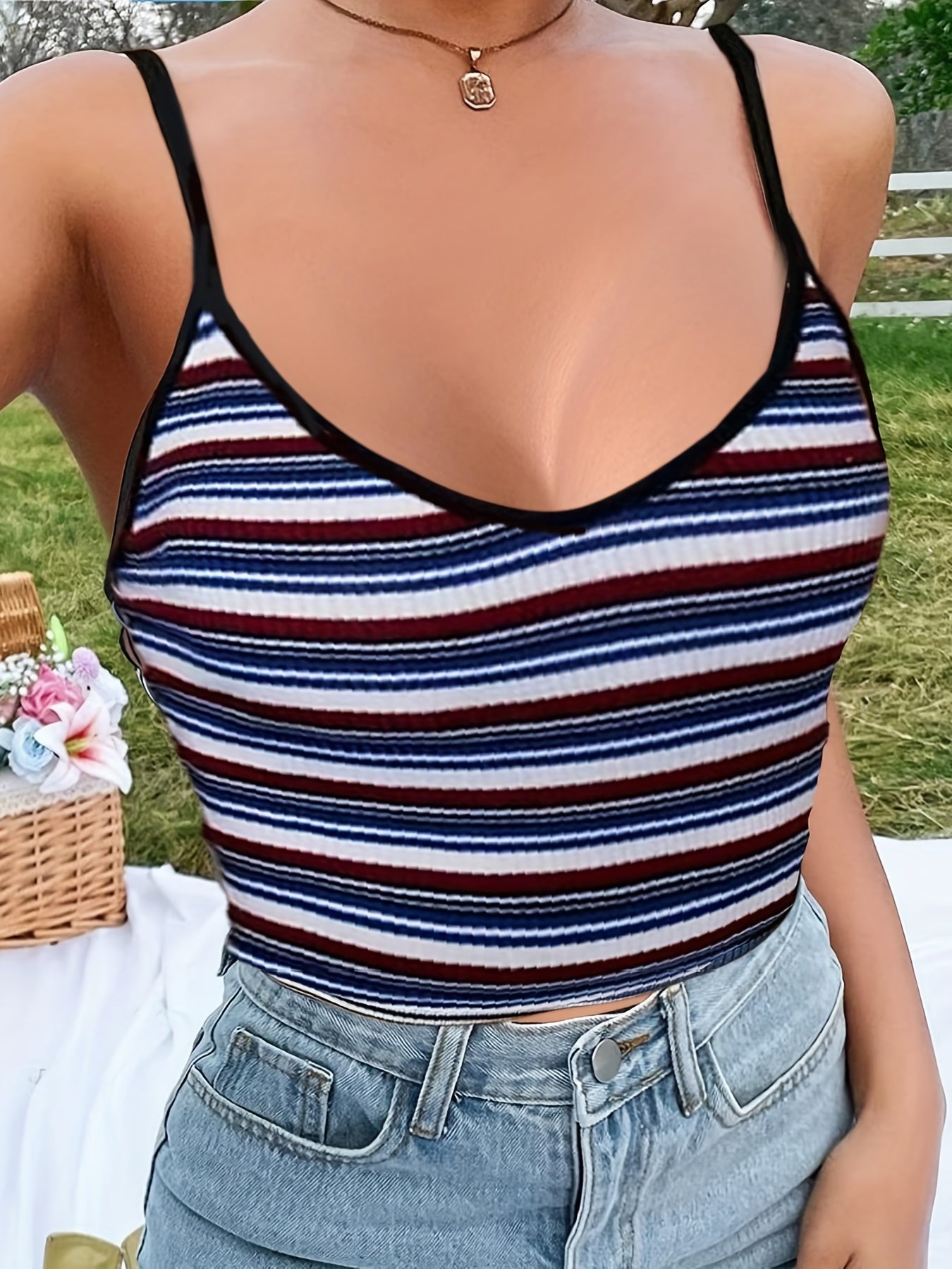 Striped Spaghetti Strap Crop Top Y2K Sexy Backless Cami Top