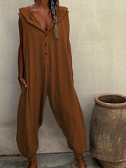 Solid Sleeveless Button Front Jumpsuit With Pockets