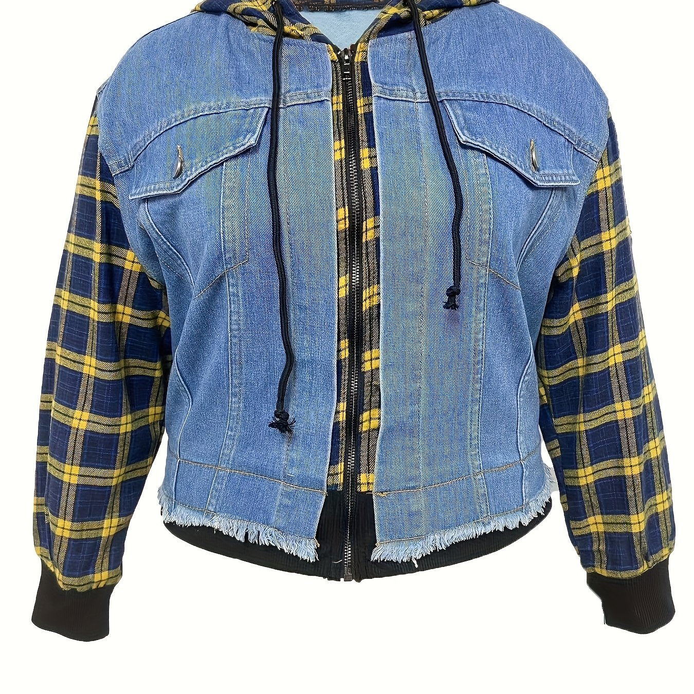  Colorblock Plaid Hooded Denim Jacket