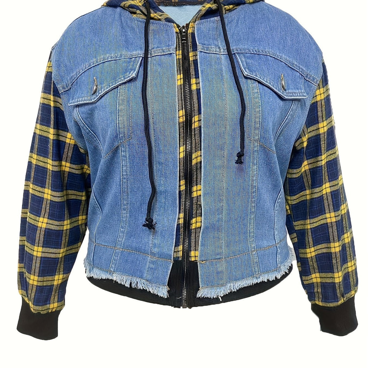  Colorblock Plaid Hooded Denim Jacket