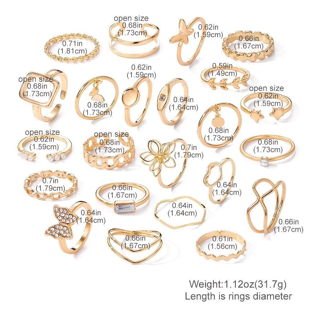 23pcs Exaggerated Flower Butterfly Rhinestone Pearl Ring Set Women's Joint Ring