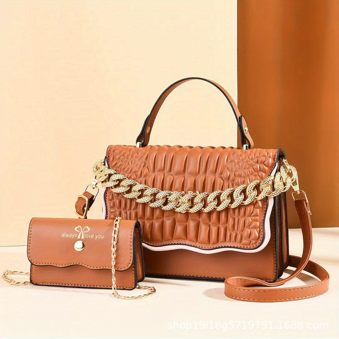 Metal Chain Shoulder Bag PU Leather Handbag Crossbody Bag