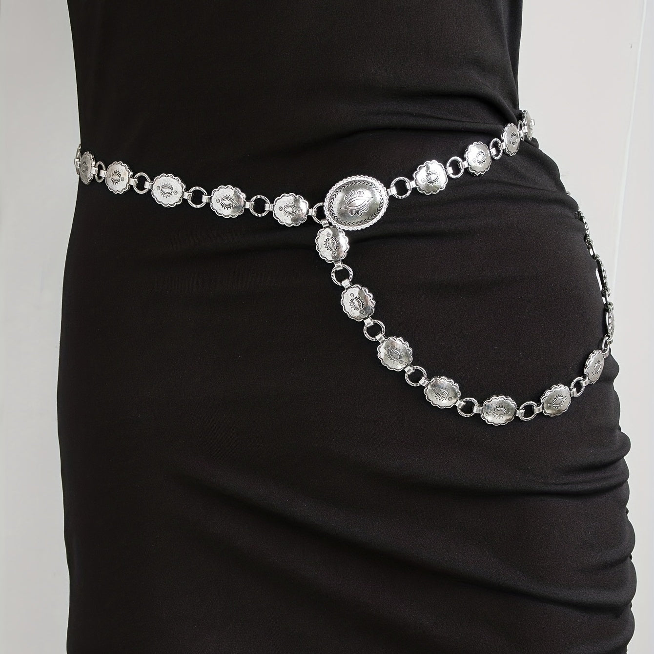 Boho Carved Waist Chain Vintage Silvery Metal Chain Belt Adjustable Body Jewelry