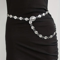 Boho Carved Waist Chain Vintage Silvery Metal Chain Belt Adjustable Body Jewelry