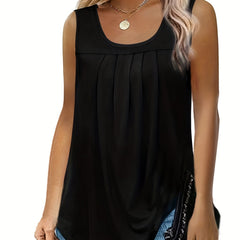 Pleated Front Crew Neck Tank Top Sleeveless Summer Casual Women's Clothing