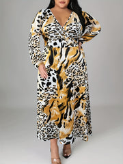  Colorblock Leopard Print Long Sleeve Maxi Dress