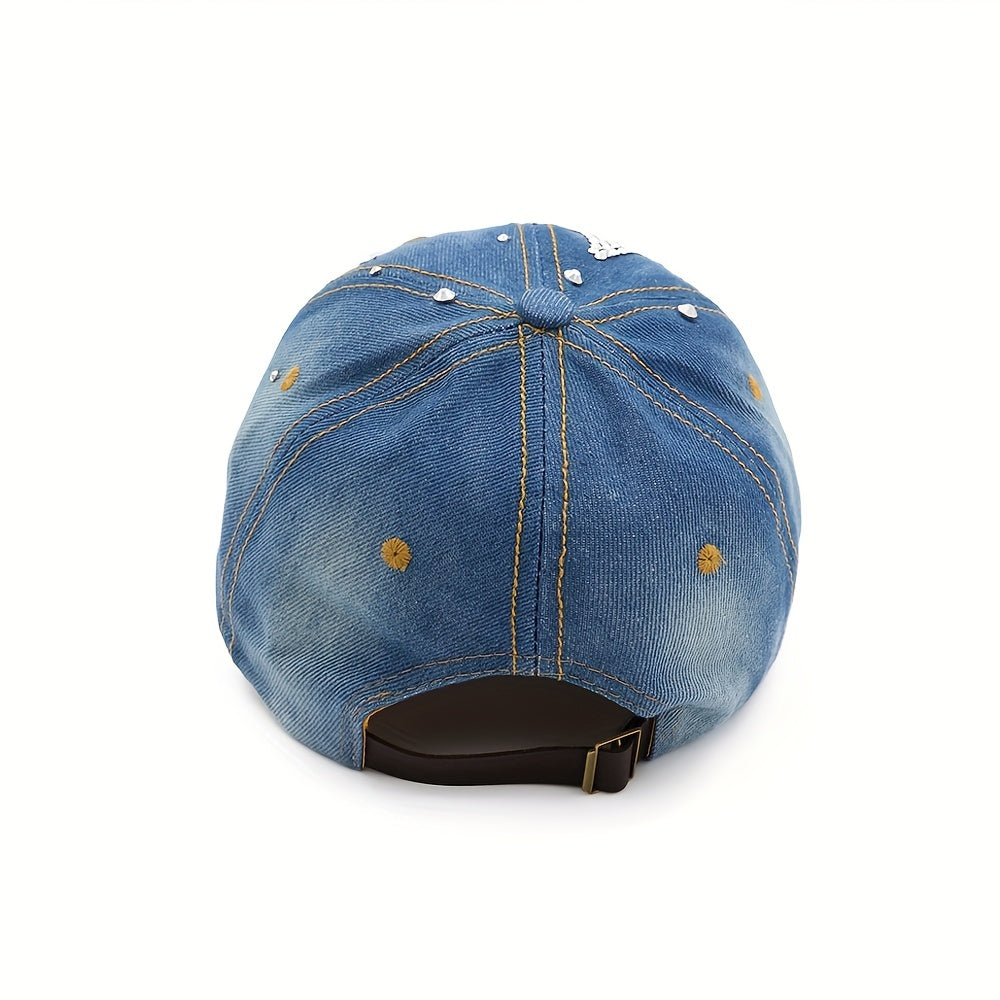 Rhinestone Star Ripped Baseball Cap Denim Washed Distressed Dad Hats Y2K