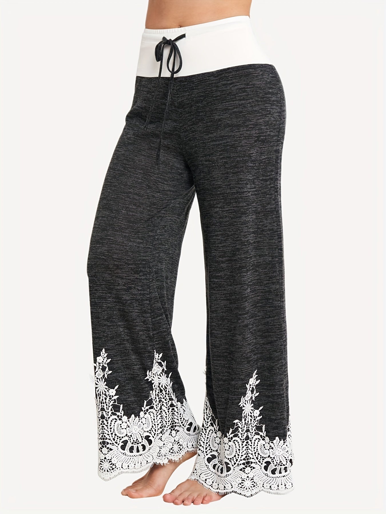  Contrast Lace Trim Elastic Drawstring Pants