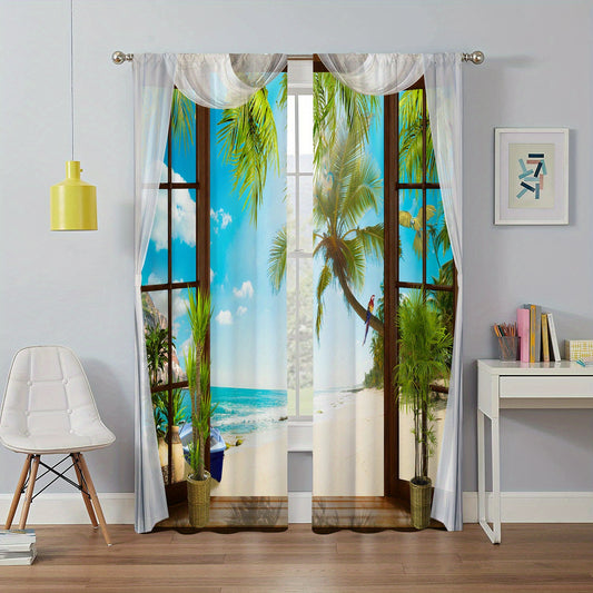 2pcs 3D Beach Landscape Window Curtains Rod Pocket Style Home Decor