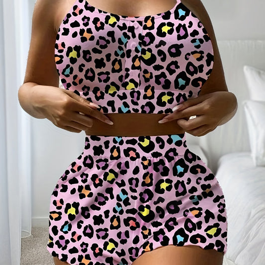  Casual Pajama Set Women's Plus Leopard Print Cami Top & Shorts
