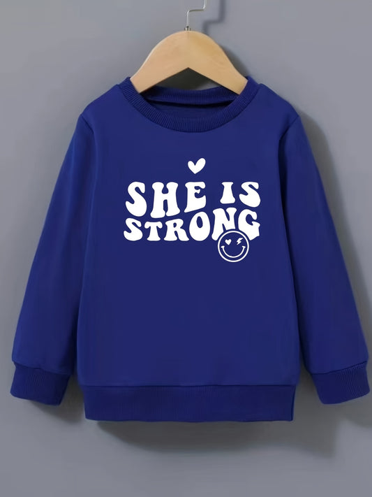 Girls Strong Smile Pattern Sweatshirt Round Neck Long Sleeve Top Pullover