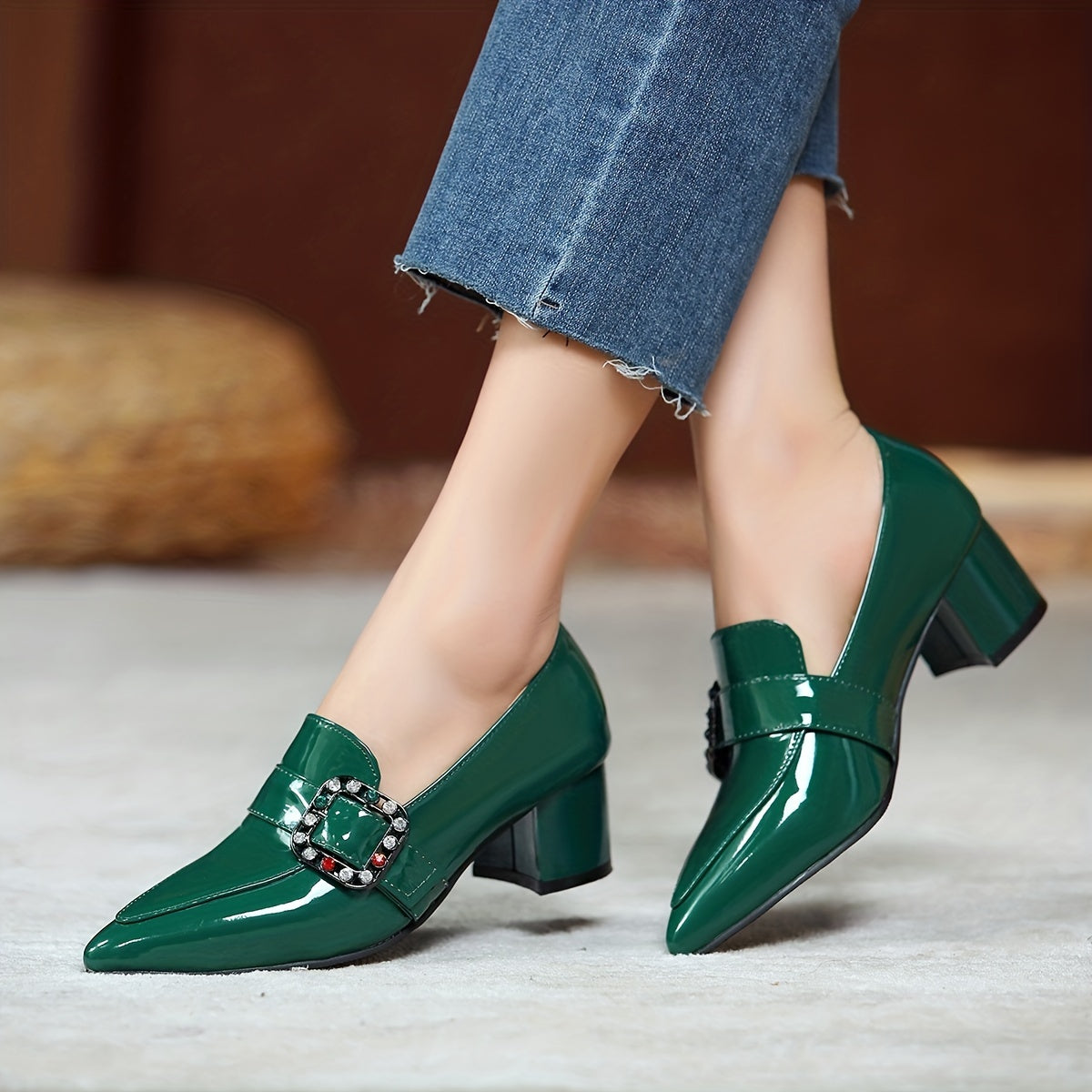 Rhinestone Chunky Heel Slip-On Shoes - Women's Comfortable Pointed Toe Heels