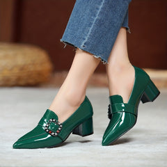 Rhinestone Chunky Heel Slip-On Shoes - Women's Comfortable Pointed Toe Heels