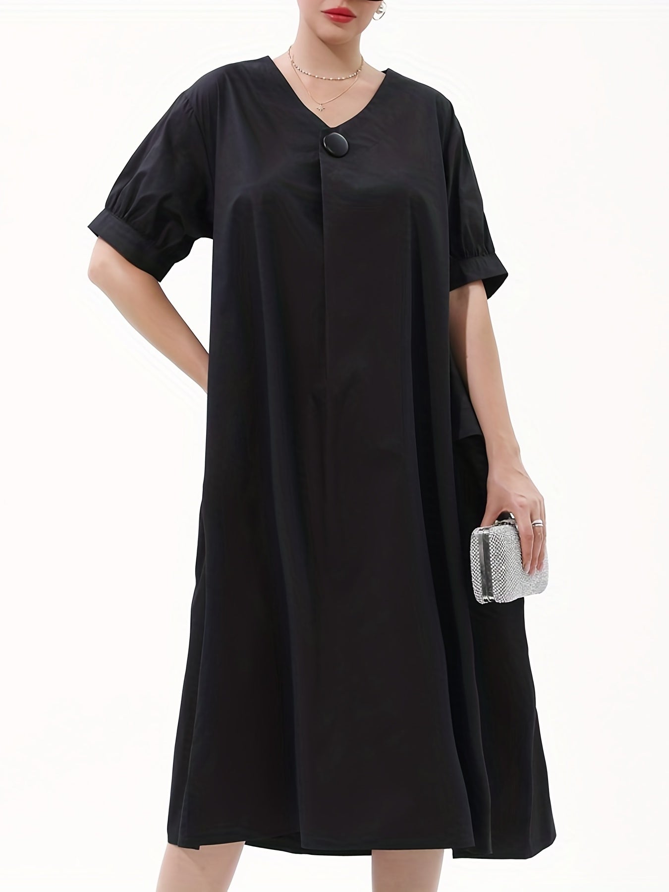  V-Neck Button Decor Loose Dress With Pockets