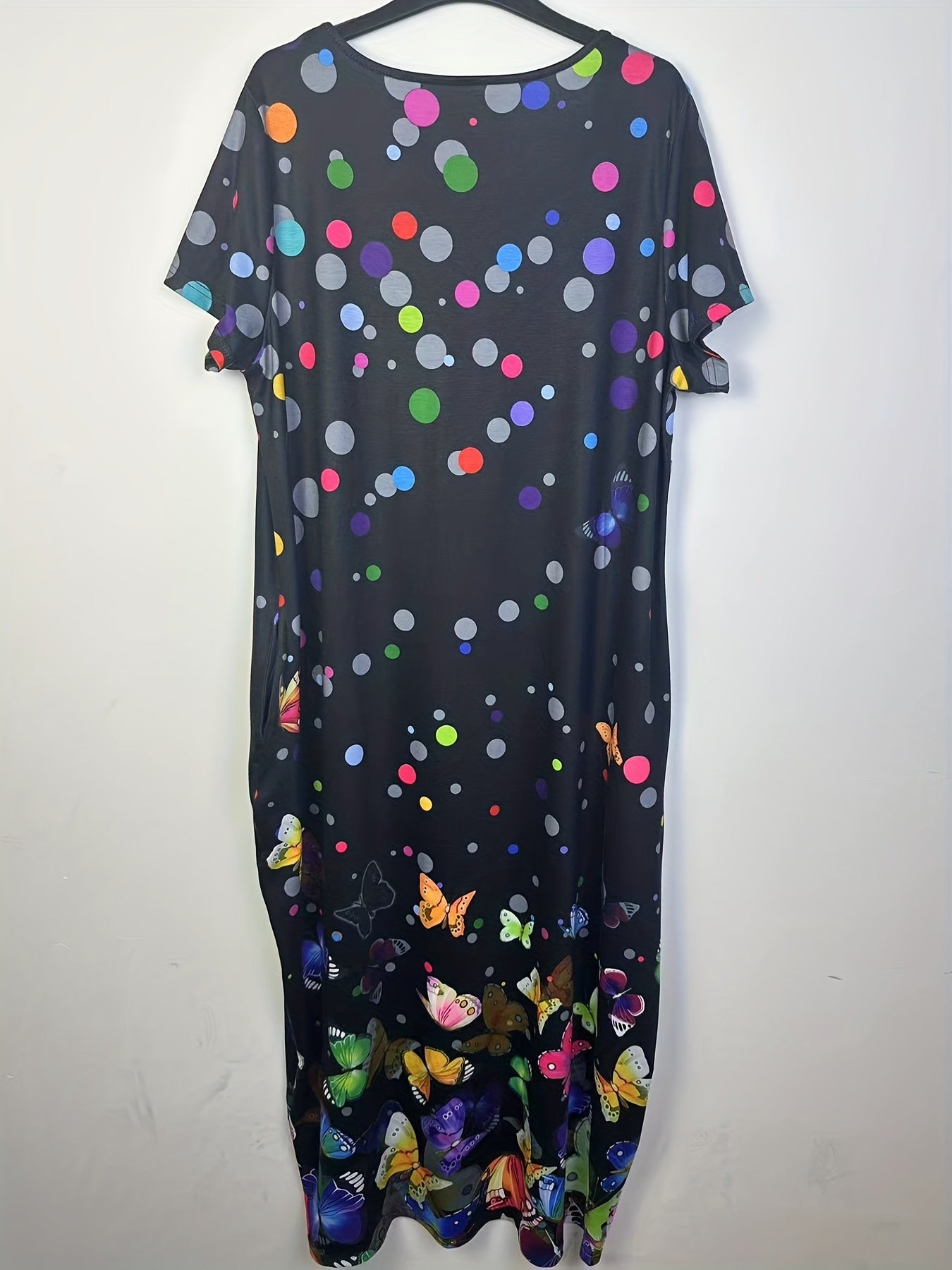  Butterfly & Dot Print Short Sleeve V Neck Maxi Dress With Pockets