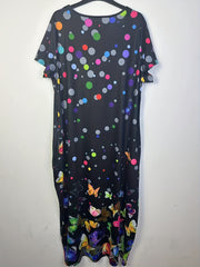  Butterfly & Dot Print Short Sleeve V Neck Maxi Dress With Pockets