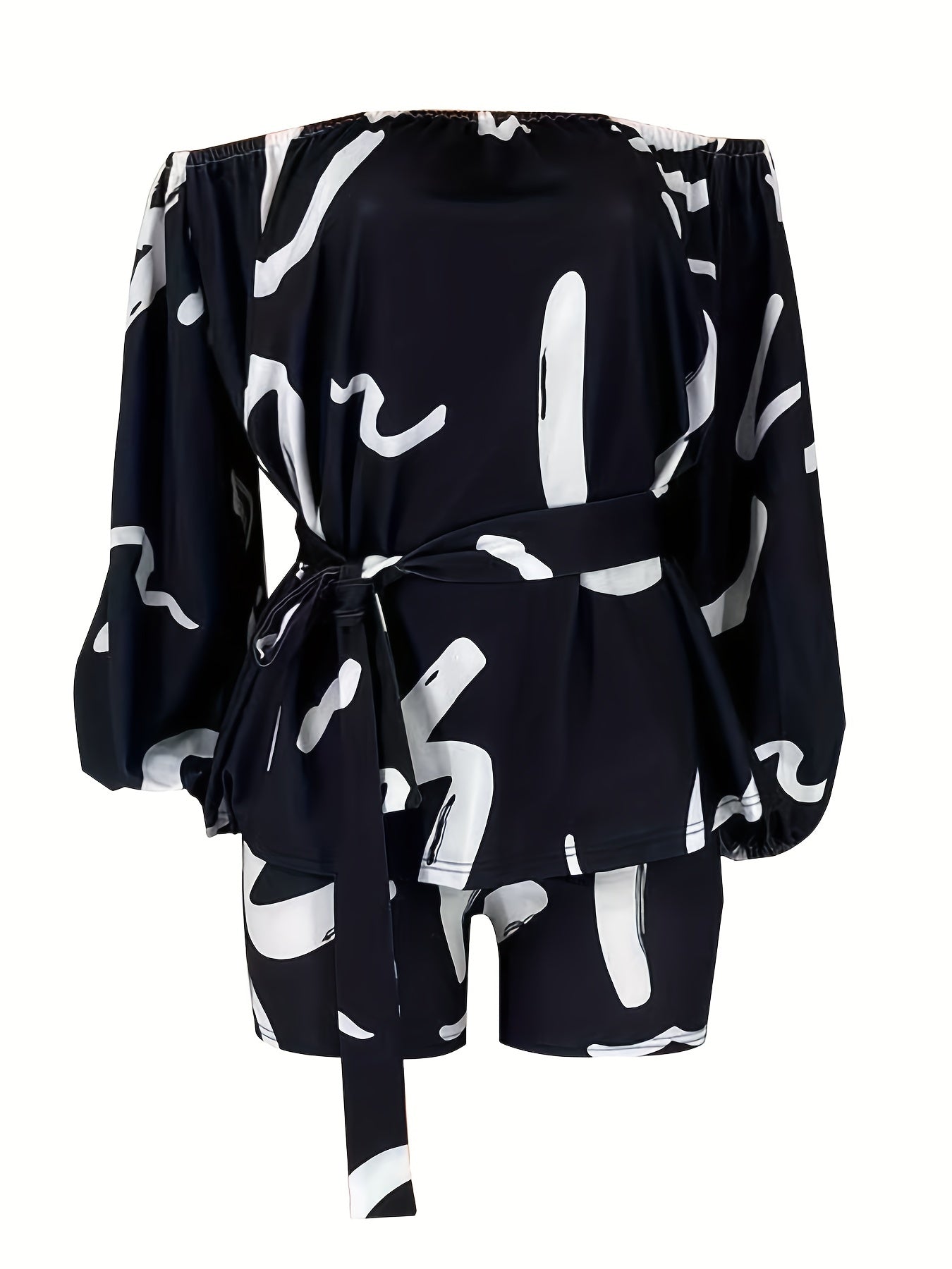 Geometric Print Front Tie Two Pieces Set Off Shoulder Tie Waist Blouse & Shorts