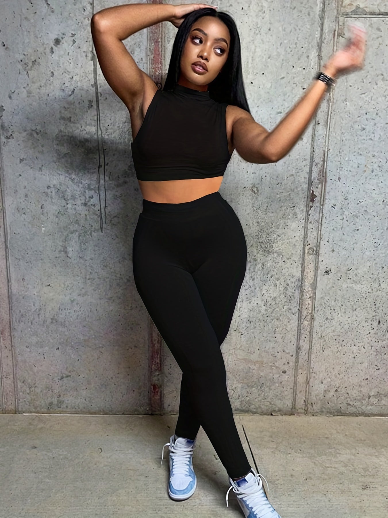 Solid Slim Two piece Set Mock Neck Crop Vest Top & Skinny Pants
