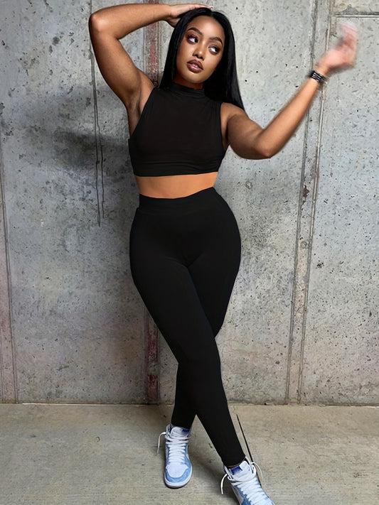 Solid Slim Two piece Set Mock Neck Crop Vest Top & Skinny Pants