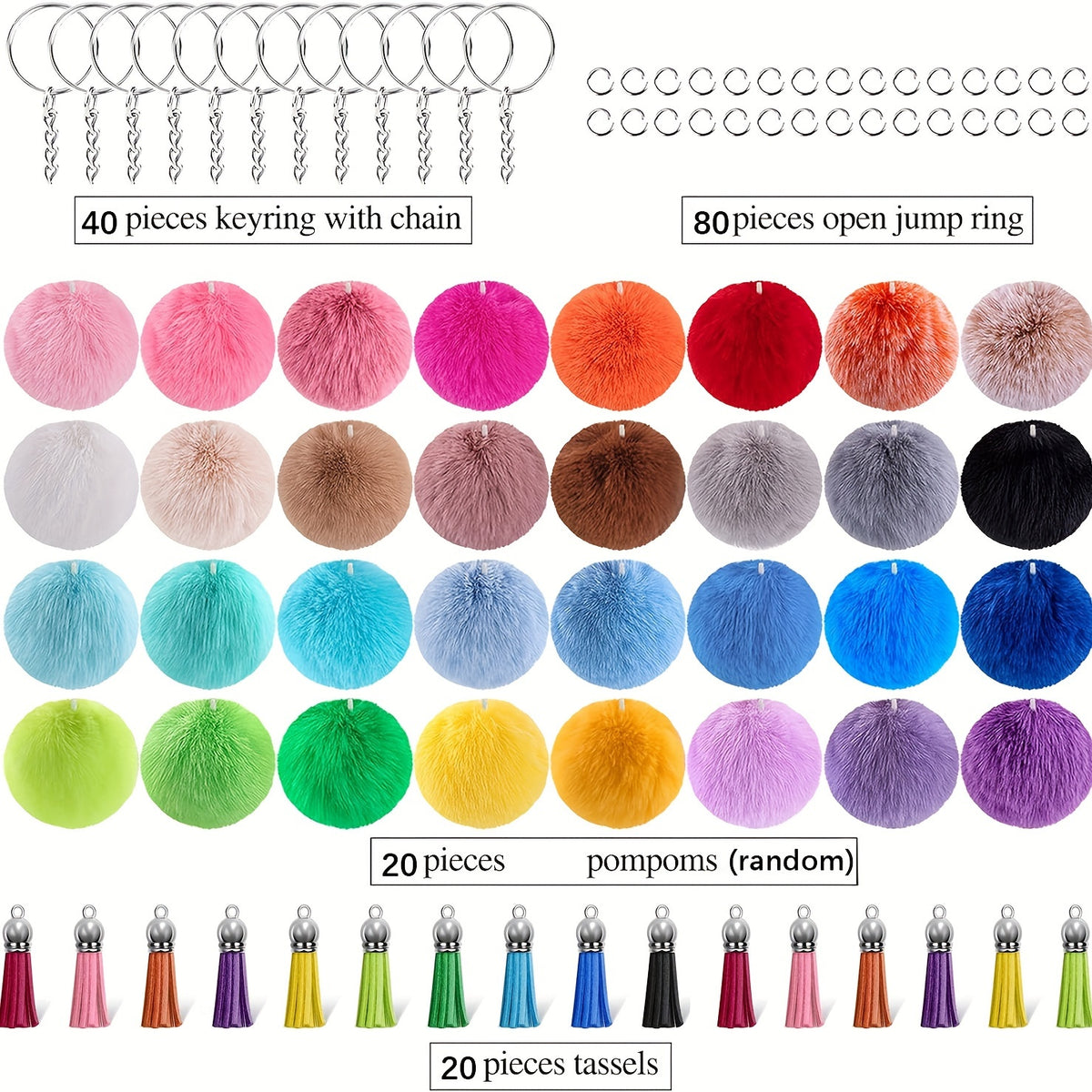 80pcs Faux Fur Ball Keychain Set With Tassel