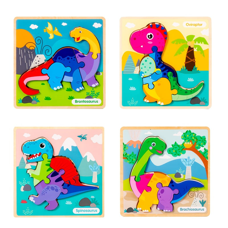 4pcs Wooden Dinosaur Puzzle Set with Matching Cards