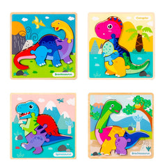 4pcs Wooden Dinosaur Puzzle Set with Matching Cards
