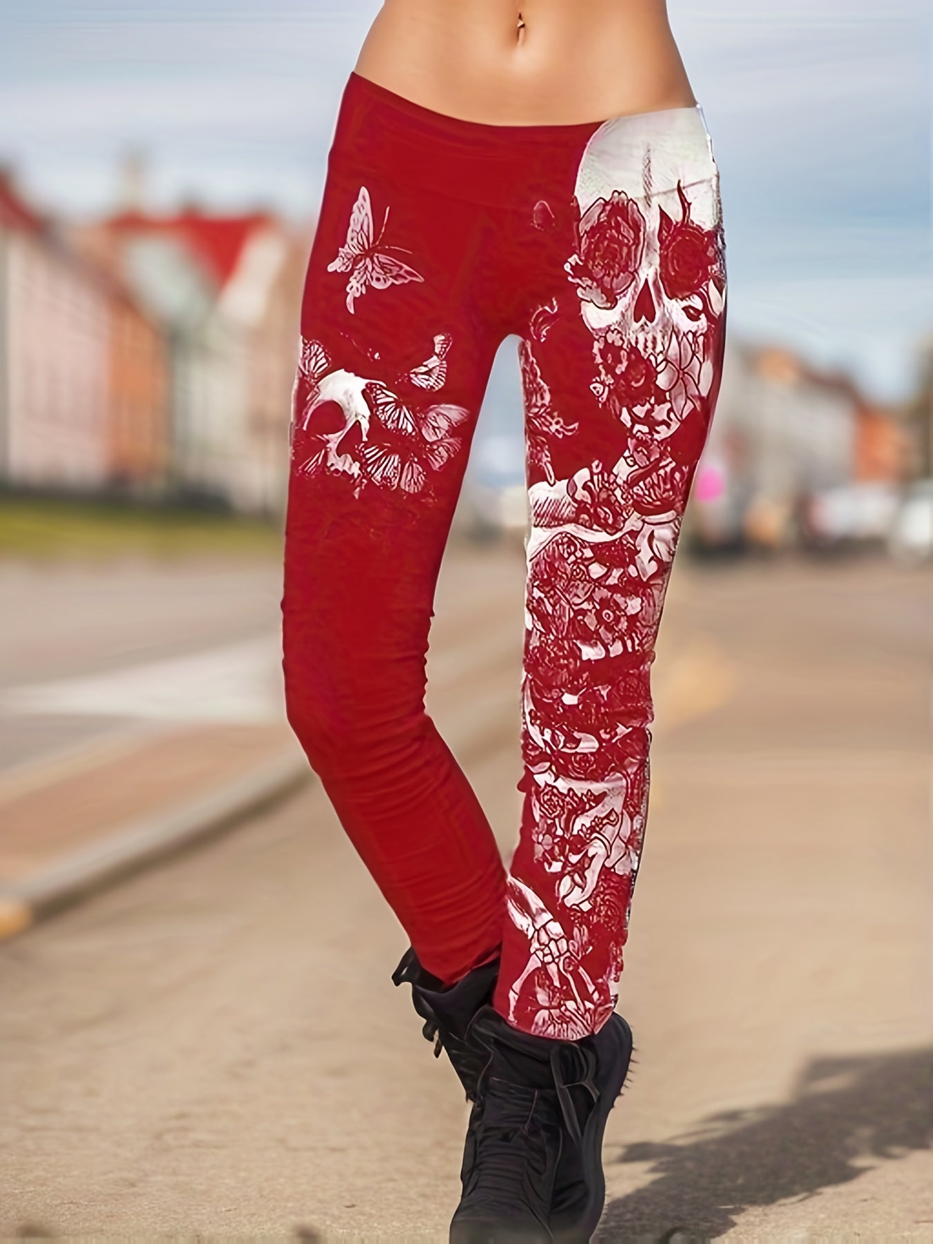  Skull & Floral Print High Rise Gothic Leggings