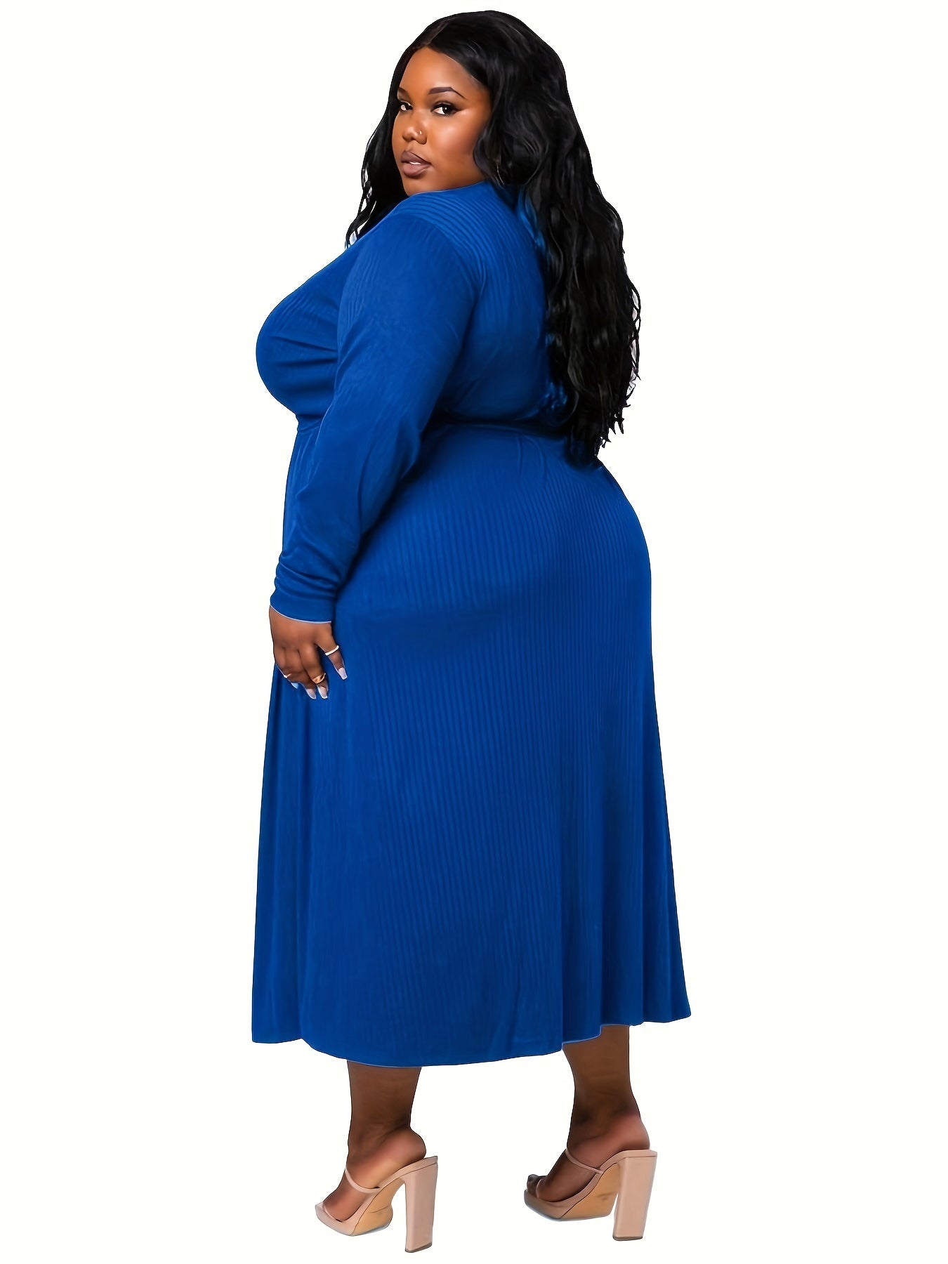 Plus Size Solid Ribbed Long Sleeve Maxi Dress With Belt