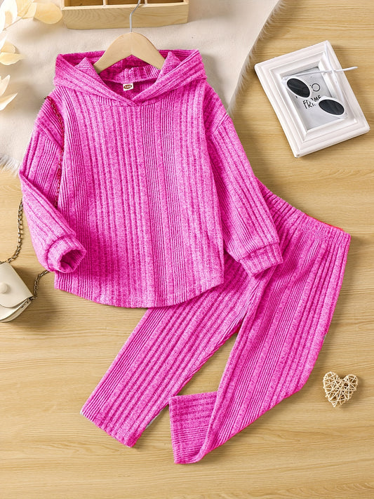 Girl's Ribbed Hoodie & Pants Set for Spring Fall