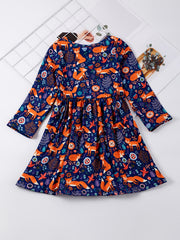 Toddler Girls Long Sleeve Cartoon Fox Stretch Dress