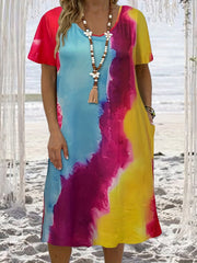  Colorblock Short Sleeve Round Neck Stretch Dress With Pockets
